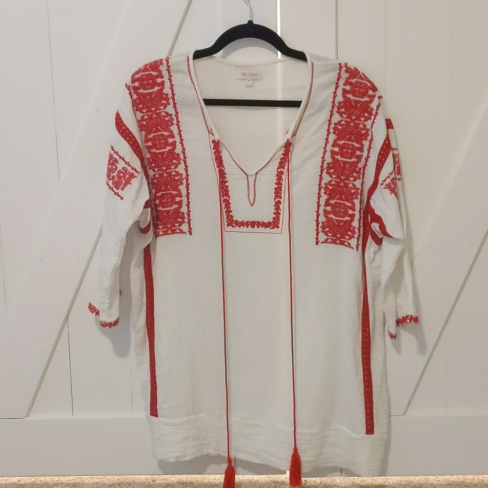 Velzera Boho Red Embroidered Boutique Blouse